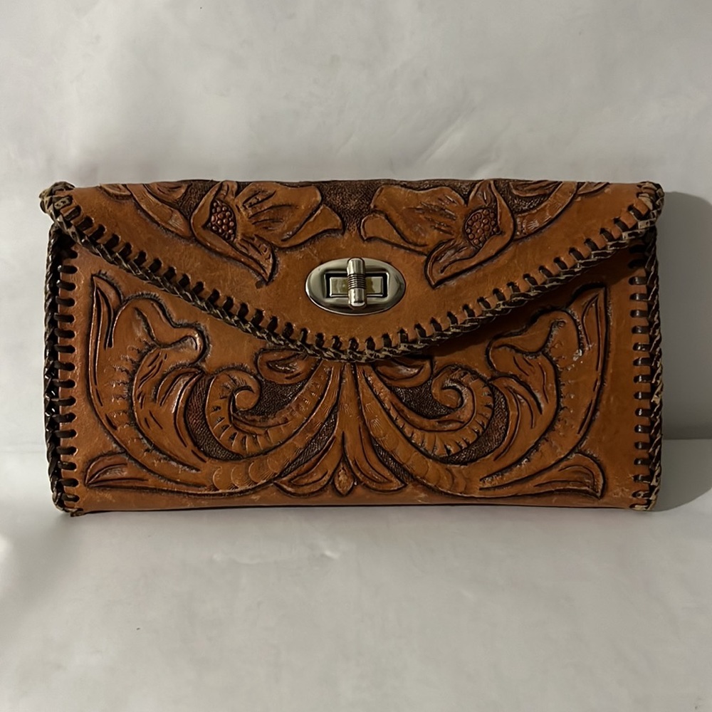 Embossed Leather Wallet Vintage 70's Western Large Rectangle Tan Wallet …